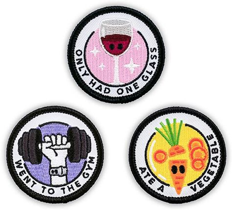 Amazon.com: Winks For Days Adulting Merit Badge Embroidered Iron-On Patches (Health - Set 1) - Includes Three (3) 2" Patches: Went to The Gym, Only Had One Glass, and Ate A Vegetable: Arts, Crafts & Sewing Scout Badges, Minding My Own Business, Merit Badge, Cool Patches, Patch Design, Appliqué Patch, Beautiful Embroidery, Going To The Gym, Girl Scouts