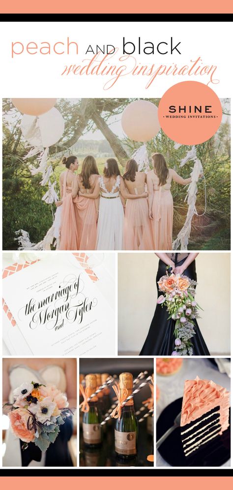 Wedding inspiration in peach and black featuring Calligraphy Names invitations by Shine Wedding Invitations Peach And Black Wedding, Peach Wedding Theme, Calligraphy Names, Wedding Invitations Modern, Shine Wedding Invitations, Peach Bouquet, Wedding Themes Spring, Wedding Color Trends, Wedding Palette