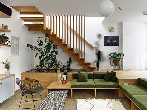 Sunken Living Rooms Are Having a Moment Multigenerational Compound, Perforated Brick Facade, Generational Living, Multigenerational House, Multigenerational Living, Venice Architecture, Open Trap, Open Stairs, Built In Sofa