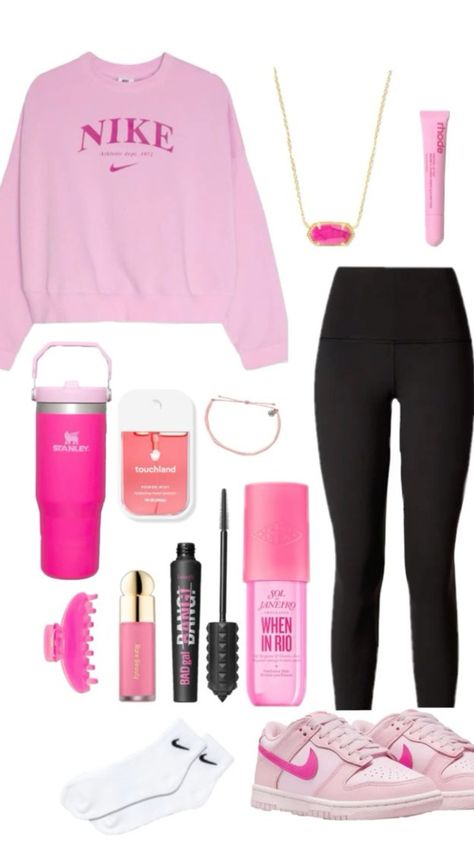 🎀 Hot Pink Outfit Ideas Casual, Hot Pink Stanley Cup, Outfits With Nike Socks, Triple Pink Dunks Outfits, Nike Air Outfit, Hot Pink Stanley, Triple Pink Dunks, Puravida Bracelet, Pink Stanley Cup