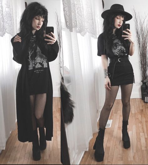 Kibbe Romantic Edgy, Emo Woman Outfits, Black Dress Over Shirt, Outfit Inspo Goth Grunge, Vampy Summer Outfit, Gothic Daily Outfit, Rock Show Outfit Winter, Tomboy Witch Outfit, Alt Clothing Aesthetic