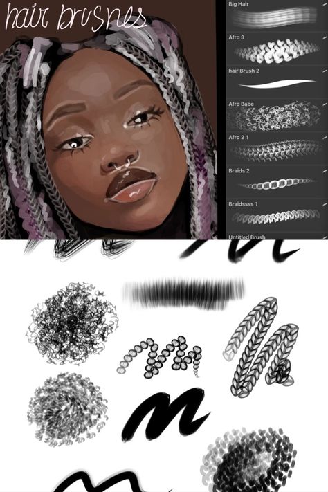 Creating stunning hairstyles with these Afro Braids Hair Procreate Brushes is easy and allows artists to achieve incredibly detailed and realistic-looking hair textures that bring their illustrations to life. 10 free brushes are included in this set. What sets these brushes apart is their ability to mimic the fluffy texture of afro hair. You can create voluminous and dynamic braids with just a few strokes that capture every twist and turn. Black Hair Procreate Brushes, Curly Hair Brush Procreate Free, Free Braid Brush Procreate, Hair Procreate Brushes Free, Free Curly Hair Brushes Procreate, Black Hair Brushes Procreate, Curly Hair Brush Procreate, Black Hair Procreate Brushes Free, Procreate Brushes Free Hair