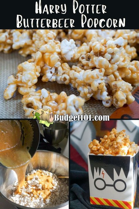 Mix a batch of Harry Potter Butterbeer Popcorn and have a weekend long movie marathon! This butterbeer caramel toffee popcorn will have you going back for seconds and thirds! #butterbeer #harrypotter #hogwarts #slytherin #hermionegranger #potterhead #gryffindor #wizardingworld #harrypotterfan #potter Harry Potter Themed Baked Goods, Harry Potter Themed Food Easy, Harry Potter Movie Marathon Snacks, Easy Harry Potter Themed Snacks, Healthy Harry Potter Snacks, Harry Potter Hors D'oeuvres, Butterbeer Snacks, Harry Potter Food From Movie, Harry Potter Foods To Make