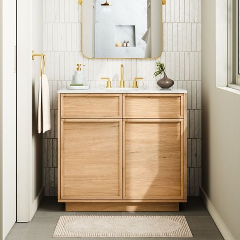 Hutchinson Single Bathroom Vanity (36") Light Wood Bathroom Vanity, Tiny Powder Room, Mid Century Vanity, Half Bath Remodel, 36" Vanity, Vanity Faucet, Bathroom Redesign, Vanity Design, Custom Vanity