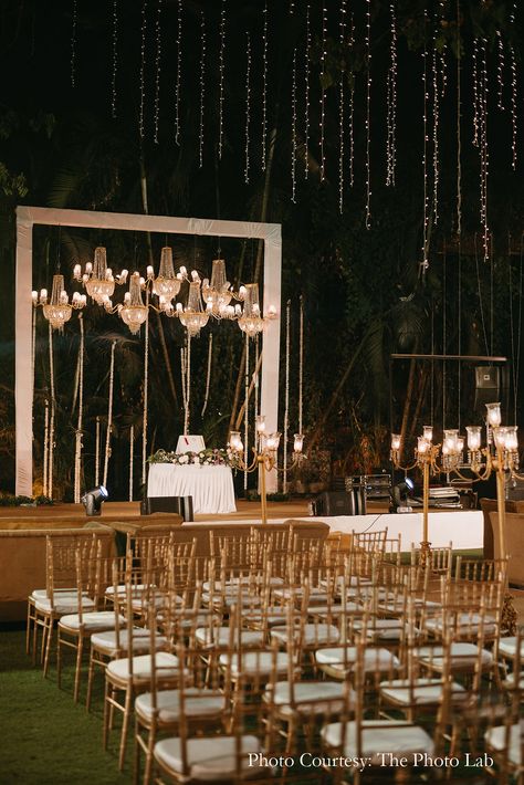 sangeet, stage decor, sangeet floor, snageet functions, wedding ceremony, wedding day, gold chairs, light in the dark, under the stars, starry sangeet, wedding functions, dance music, indian wedding, cocktail, indian wedding destination, mumbai wedding Indian Night Wedding Decor, Evening Sangeet Decor, Boho Theme Sangeet Decor, Sangeet Decor Ideas Indoor, Sangeet Table Centerpieces, Destination Reception Ideas, Sangeet Event Decor, Gold Sangeet Decor, Modern Sangeet Decor