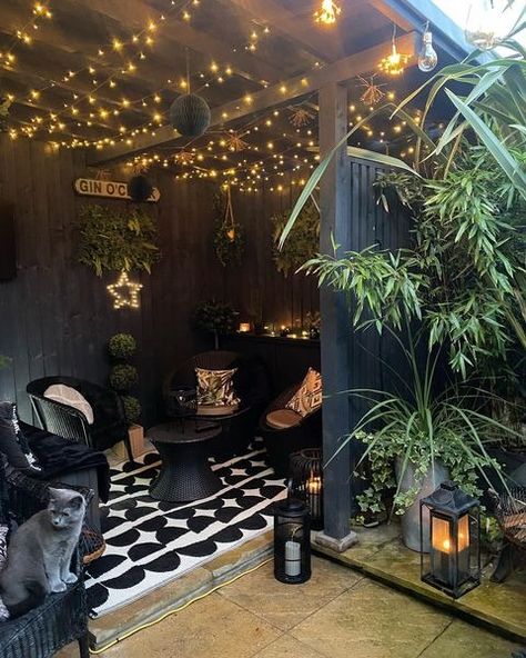 pergola cat • Instagram Moody Outdoor Patio, Goth Patio, Witchy Patio, Indoor Outdoor Space, Cat Instagram, Black Patio, Cozy Patio, Decor 2024, September 23