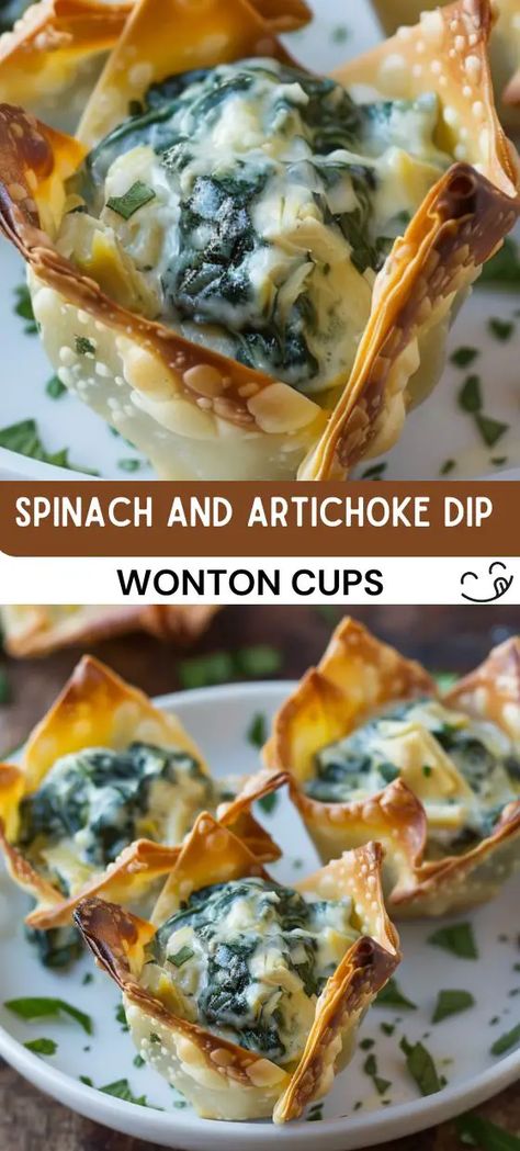 Spinach and Artichoke Dip Wonton Cups Recipe Spinach Artichoke Cups, Spinach Artichoke Bites, Artichoke Bites, Wonton Appetizers, Wonton Wrapper Recipes, Creamy Spinach Dip, Spinach And Artichoke Dip, Crispy Wonton, Wonton Cups