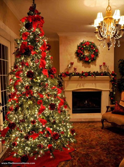 Elegant Christmas Tree Decorating Ideas - Christmas Celebration - All about Christmas Best Christmas Tree Decorations, Elegant Christmas Tree Decorations, Red And Gold Christmas Tree, Gold Christmas Tree Decorations, Elegant Christmas Trees, Red Christmas Tree, Tree Decorating, Traditional Christmas Tree, Ribbon On Christmas Tree