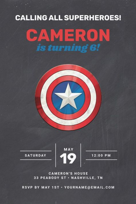 Captain America Shield Chalkboard Birthday Invitation
Invite all your family and friends to your child's Captain America themed Birthday with these awesome Birthday invites. Personalize by adding all your party details! Captain America Invitation, Captain America Birthday, Superhero Birthday Invitations, Chalkboard Birthday, America Birthday, All Superheroes, Captain America Shield, Birthday Invites, Birthday Chalkboard