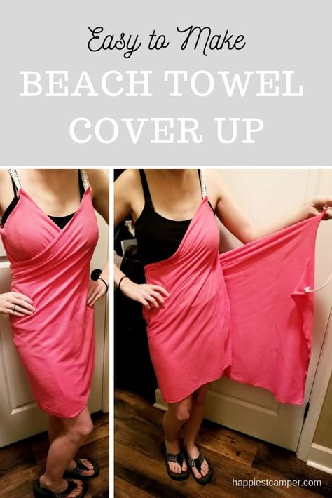 Step by step instructions for making an easy beach towel cover up. It's easy! Diy Beach Towel, Beach Dresses Diy, Diy Beach, Towel Dress, Shirt Hacks, Towel Wrap, Beach Diy, Beginner Sewing Projects Easy, Beach Wrap