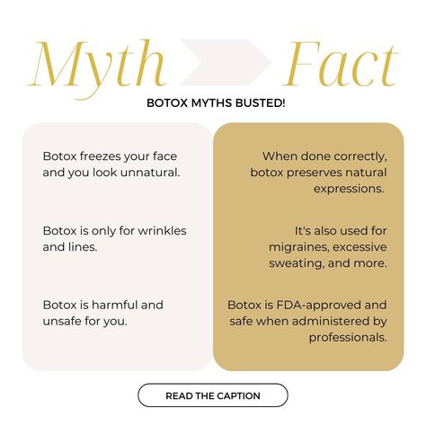 We ARE Shattering Botox Myths TODAY 💥💉 🗣️ Don't listen to the naysayers! It's time to debunk the myths surrounding Botox and rewrite your beauty narrative! ❌ Myth: Botox leaves you stiff and expressionless. ✅ Reality: Say goodbye to frozen faces and hello to a natural, vibrant you – Botox done right keeps your expressions alive and your confidence soaring! ❌ Myth: Botox is just a wrinkle eraser. ✅ Reality: It's a game-changer! From alleviating migraines to banishing sweat worries, Botox is... Frozen Face, Erase Wrinkles, Myth Busted, Excessive Sweating, Med Spa, Migraine, Digital Marketing, Reading, Celebrities