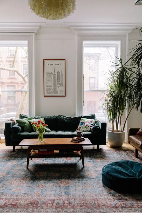 A Living Room Fakeover | Cup of Jo Small Industrial Living Room, Article Sofa, Green Couch Living Room, Rustic Kitchen Island, Green Couch, Cup Of Jo, Dining Room Makeover, Industrial Livingroom, Living Room Green