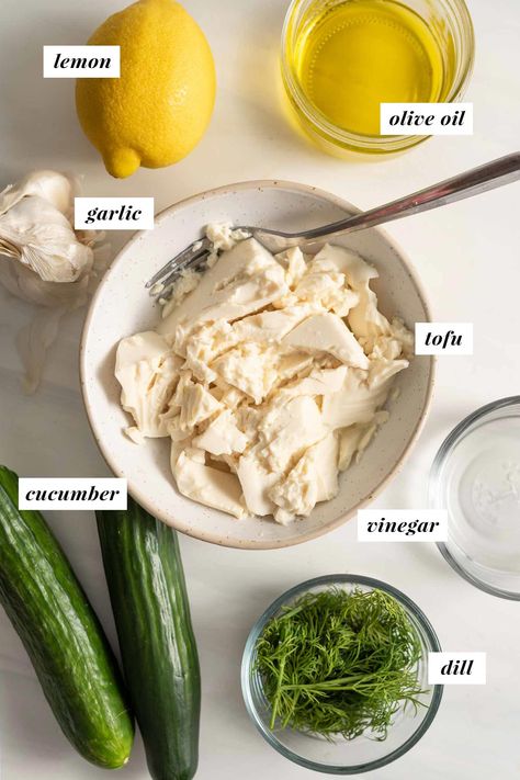 This easy vegan tzatziki recipe is made with tofu so it's completely dairy-free and nut-free. Enjoy this zesty cucumber dill dip with falafel and pita! Falafel Meal, Cucumber Dill Dip, Vegan Dressing Recipes, Running On Real Food, Tzatziki Recipe, Greek Diet, Vegan Tzatziki, Dill Dip, Tzatziki Recipes