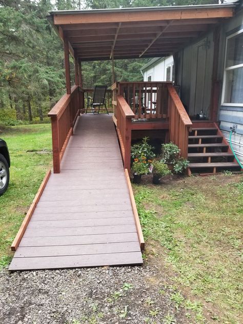 Wheel chair ramp  & porch for our home in the forest. Wheel Chair Ramps Ideas Front Porches, Ramp Porch, Porch Ramp Ideas, Porch Ramp, Front Porch With Ramp, Mobile Home Ramp Ideas, Decks With Ramps Ideas, Deck Ramp Ideas, Decks With Wheelchair Ramps