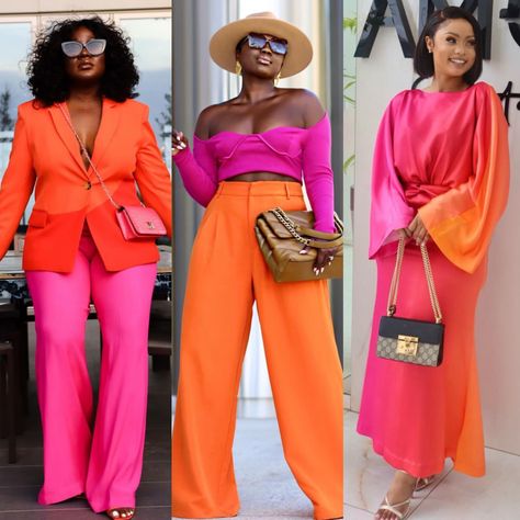 Fuchsia And Orange Outfit, Blazer Color Combination Women, Fushia And Orange Outfit, Pink N Orange Outfit, Orange And Fuschia Outfit, Pink Orange Green Outfit, Orange And Pink Outfits For Women, Orange Pink Combination Dress, Bright Color Brunch Outfits