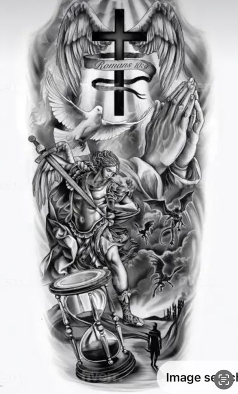 Sleeve Tattoo Concepts, Good Half Sleeve Tattoos For Men, Og Tattoos Ideas Men, Half Sleeve Bicep Tattoo For Men, Catholic Sleeve Tattoo Men, Angel Leg Tattoo Men, Christian Leg Sleeve Tattoos, Mens Sleeve Tattoo Ideas For Guys, Fallen Angel Tattoo Sleeve