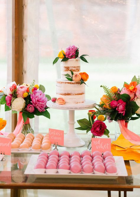 Orange And Pink Wedding, Colorful Wedding Cakes, Bridal Shower Inspo, Summer Wedding Cakes, Donut Dessert, Wedding Cake Table, Wedding Dessert Table, Bright Wedding, Bright Florals