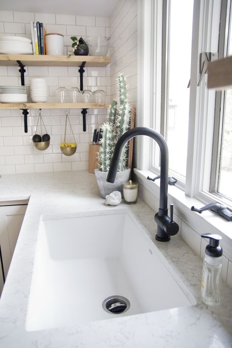 The Kitchen Reveal! White Sink Black Faucet, Before After Kitchen, White Kitchen Sink, Fancy Kitchens, Modern Layout, Black Faucet, Outdoor Kitchen Design Layout, White Sink, Undermount Kitchen Sinks