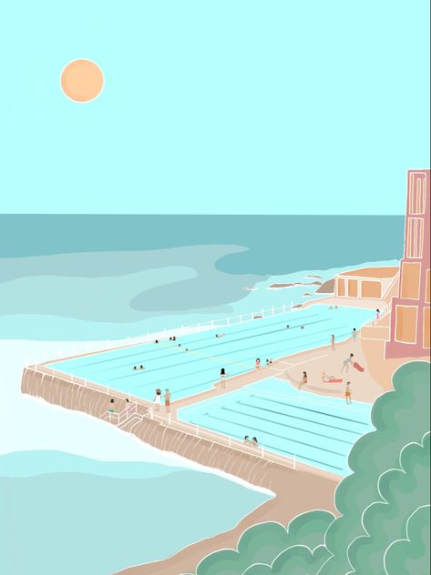 Bondi beach, Bondi pools, blue beach aesthetic Bondi Beach Wall Art, Bondi Beach Aesthetic, Bondi Iceberg, Bondi Beach Poster, Aesthetic Blue Background, Bondi Apartment, Painting Wall Art Ideas, Beach Art Posters, Beach Wall Collage