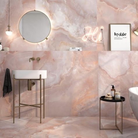 Introducing: Alaska 🌸 Discover the beauty of Alaska’s onyx effect tiles and indulge in a world of elegance. The stunning coral, rose, and blush tones create a romantic ambiance, while the super polished finish adds a touch of glamour! #tilestyle #tileinspiration #marble #homedecor #sophisticatedspaces #marblebathroom #bathroomdecor #homeinspiration #onyx #onyxtile #elegantspaces Onyx Tile Bathroom, Vogue Pink, Pink Tile Bathroom, Pink Bathroom Tiles, Onyx Tile, Luxury Bathroom Tiles, Quartz Tiles, Polished Porcelain Tiles, Pink Tiles