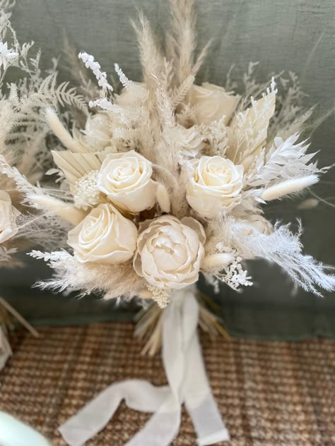 #driedflowerbouquet #preservedbouquet #bohowedding #bohostyle #bohobouquet Diy Pampas Grass Bouquet, Elopement Bridal Bouquet, Wedding Bouquets Pampas, Neutral Wedding Aesthetic, Pampas Grass And White Rose Bouquet, White Rose Pampas Bouquet, Boho Bride Bouquet With Pampas, Pampas Wedding Bouquet, Boho Bride Bouquet Pampas