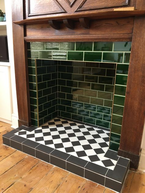 Fireplace Hearths and Wall Tiles - Period Floors Fireplace Restoration, Tiled Fireplace Hearth Ideas, Fire Hearth, Decorations Around Fireplace, Green Tile Fireplace Living Room, Victorian Fireplace Hearth, Log Burner Fireplace Tiles, Fire Surround Tiles, Fireplace Design Tile