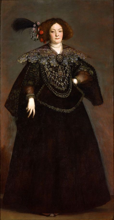 1635 Emilia Papafava Borromeo by Tiberio Tinelli (Musei Civici di Padova - Padova, Veneto, Italy). From history-of-fashion.tumblr.com/image/665914503307886592 910X1753 @72 594kj. 17th Century Portraits, Dark Skirts, History Of Fashion, 20th Century Women, Fashion Timeline, 17th Century Art, Woman In Black, Dark Dress, Spanish Fashion