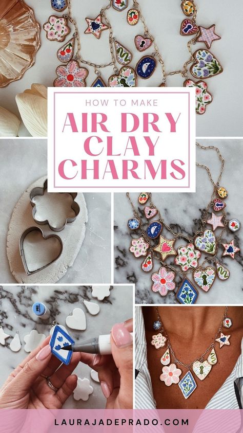 DIY Air Dry Clay Necklace Charms - Laura Jade Prado- #Air #Charms #Clay #DIY #Dry #Jade #Laura #Necklace #Prado Check more at https://howcandothis.com/diyideas/diy-air-dry-clay-necklace-charms-laura-jade-prado-2/ Gift For Designer, Make Your Own Charm Necklace, Air Clay Diy Ideas, Air Dry Clay Pendants Diy, Air Dry Clay Beads Diy, Ceramic Charms Diy, Air Dry Clay Charms Diy, Air Clay Jewelry, Good Diy Gifts