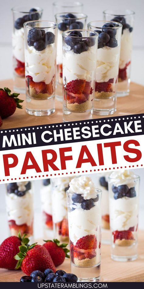 Celebrate the 4th of July with these adorable mini cheesecake parfaits! Featuring layers of rich cheesecake and vibrant red and blue berries, these treats are as beautiful as they are tasty. Perfect for a patriotic dessert table, these parfaits will impress your guests! Red White And Blue Parfait, Patriotic Mini Cheesecake, Veterans Day Dessert Ideas, Veterans Day Desserts, Individual Holiday Desserts, Patriotic Dessert Table, Red White Blue Desserts, Watch Party Food, Mini Lemon Bundt Cakes