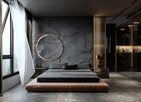 Shaping Slick Dark Interiors With Black & Grey Decor Black Grey Decor, Textured Feature Wall, Dark Living Rooms, Grey Dining Room, Dark Bedroom, Bathroom Design Decor, Grey Decor, Luxury Bedroom, Dark Interiors