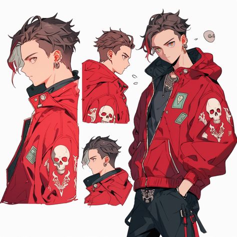 Super detailed, deep red hoodie jacket with green glowing details, silver embroidery, scarf on his neck, black turtle neck, choker, character sheet, slender and athletic anime boy, mid twenties, super detailed, vibrant colors. --niji 5 Anime Character With Hoodie, Anime Tracksuit Drawing, Hoodie Character Design Male, Turtle Neck Hoodie Outfit, Leather Jacket Art Reference, Character In Hoodie, Anime Jacket Drawing, Jacket Character Design, Ace Reference