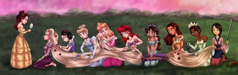 So cute! All the princesses' helping style Rapunzel's hair. (I love Mulan at the end with her sword.) All The Princesses, Disney Movies To Watch, Rapunzel Hair, Princess Photo, Disney Addict, Disney Princess Art, Princess Art, Disney Dream, Disney Ladies