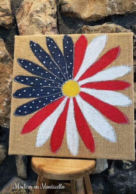 Painting On Burlap, Wooden Firecrackers, Patriotic Flowers, Burlap Canvas, 4th July Crafts, Patriotic Art, Flag Painting, Fourth Of July Decor, July Decor