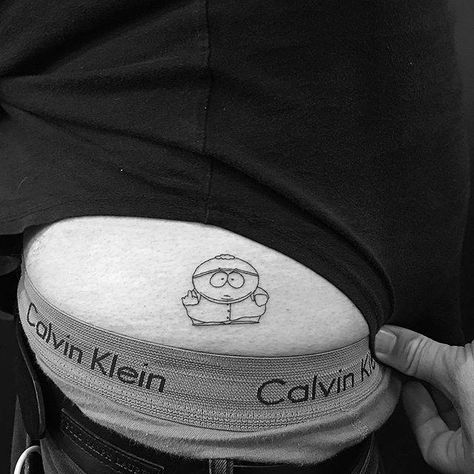 Cartman tattoo on the hip. Eric Cartman Tattoo, South Tattoo, South Park Tattoo, Cartoon Line Art, Simple Line Tattoo, Korea Tattoo, Food Tattoos, Line Tv, Flash Tattoo Designs