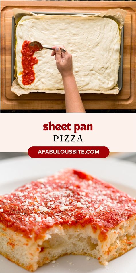 This sheet pan pizza recipe is foolproof and yields a fluffy yet crispy Sicilian-style crust that you won't believe came out of your own oven. Top with as many toppings as you like or keep it simple with just tomato sauce (my fave!). No pizza oven, no problem! Sicilian Pizza Recipe, Pan Pizza Recipe, Sicilian Style Pizza, Sheet Pan Pizza, Oven Top, Sicilian Style, Sicilian Pizza, Tomato Sauce Recipe, Pizza Recipes Homemade