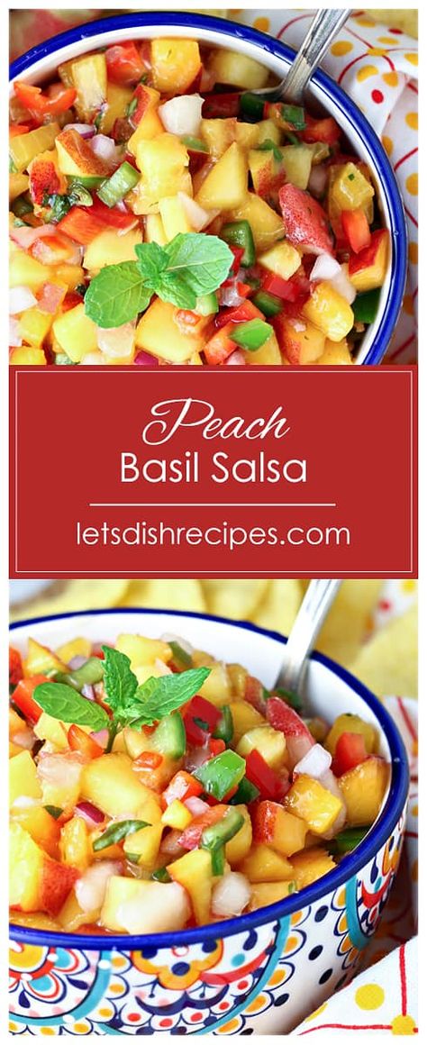 Peach Basil Salsa Recipe -- Fresh peaches combine with bell pepper, onion, jalapeno, basil and mint in this refreshing summer salsa. #salsa #peaches #recipes Peaches Recipes, Peach Basil, Peach Salsa Recipes, Grilled Sweet Corn, Fresh Peach Recipes, Summer Salsa, Salsa Salsa, Fresh Salsa Recipe, Baked Peach