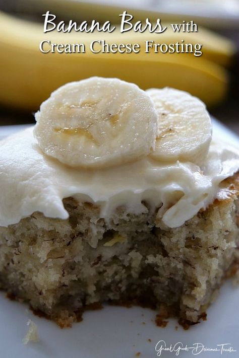 If you are a lover of banana then this is a great recipe to try, banana bars with cream cheese frosting. So yummy! The homemade banana bars are so incredibly delicious and then topped with a cream cheese frosting, so good. Fresh banana bread, cakes and bars are so amazingly delicious and these banana bars with...Read More Easy Banana Bars, Bars With Cream Cheese Frosting, Banana Bread Bars, Bars With Cream Cheese, Banana Dessert Recipes, Banana Bars, Bake Goods, Banana Dessert, Bar Recipe