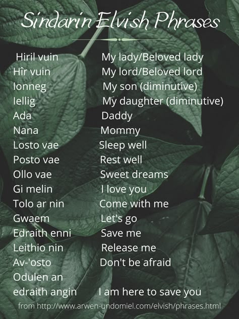 Endearments and other phrases in Sindarin Elvish Endearments In Different Languages, Elvish Language Learning, How To Learn Elvish, How To Speak Elvish, Elvish Words Lotr, Tolkien Elvish Words, Sindarin Elvish Phrases, Sindarin Elvish Alphabet, Lord Of The Rings Elvish Writing