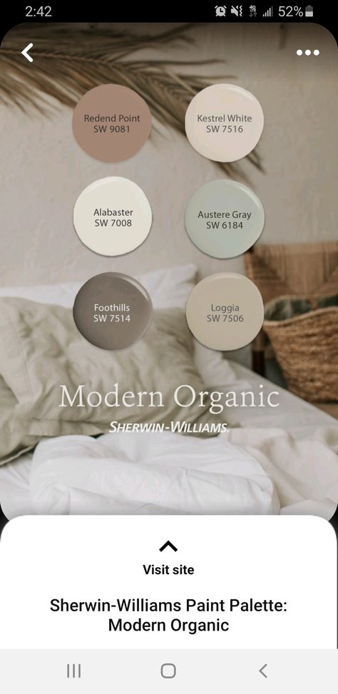 Organic Paint Colors, Sherwin Williams Color Schemes, Paint Color Pallets, Modern Farmhouse Paint Colors, Organic Modern Bedroom, Sherwin Williams Color Palette, Alabaster Color, Interior Paint Color, Bedroom Colour Palette