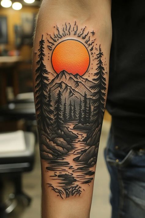 Rising Sun Tattoo Ideas Sun Over Mountain Tattoo, Sun And River Tattoo, Sun Rising Over Mountains Tattoo, Sun Water Mountain Tattoo, Rising Sun Tattoos Japanese, Rising Sun Tattoo, Rising Sun Tattoos, Sun Tattoo Ideas, Mountains Tattoo