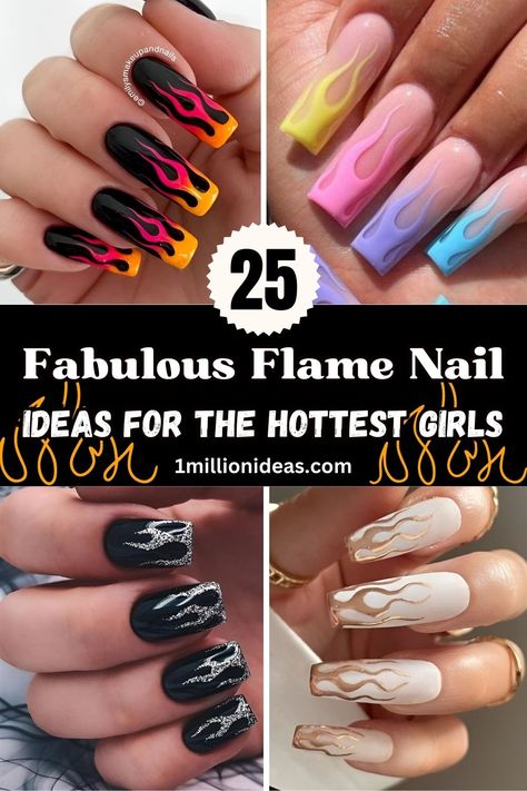 25 Fabulous Flame Nail Ideas To Make You The Hottest Girl Acrylic Nail Designs Flames, Purple Flame Nails Acrylic, Sturgis Nail Design, Purple Flame Nail Art, Nails With Flames Design, Car Show Nails, Flames Nails Designs, Fire Nail Art Design, Flame Tip Nails