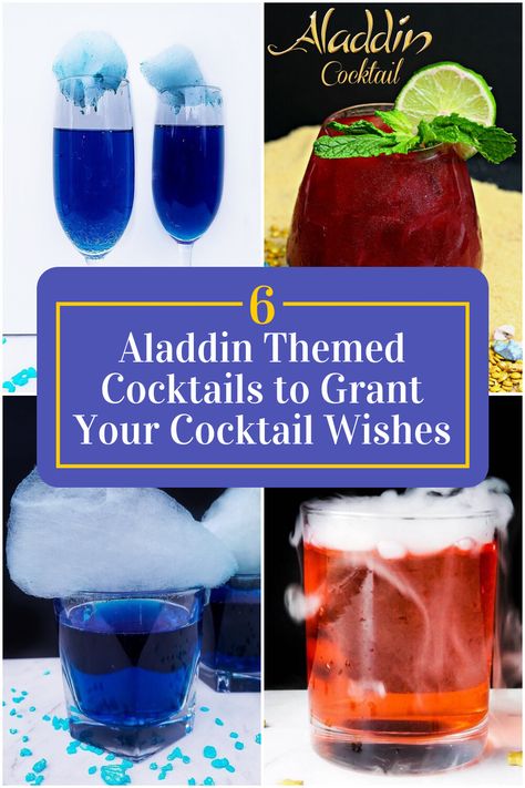 Collage of 4 aladdin themed cocktails. Aladdin Snack Ideas, Disney Inspired Alcoholic Drinks, Aladdin Dinner Ideas, Aladdin Snacks, Aladdin Movie Night Food, Aladdin Party Food, Aladdin Themed Food, Aladdin Cocktail, Aladdin Movie Night