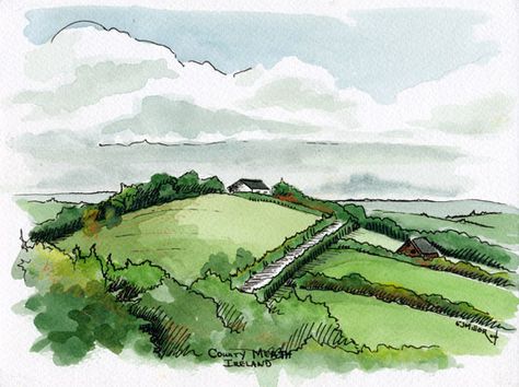 County Meath, Ireland, Ireland & Europe -  artwork by Emily Miller Ireland Watercolor Painting, Ireland Doodles, London Art Drawing, Ireland Drawing, Meath Ireland, Connemara Ireland, Emily Miller, Ireland Art, Plein Air Watercolor