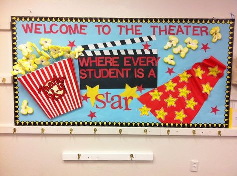 Movie+Theme+Bulletin+Boards | Theater theme board Movie Bulletin Boards, Movie Theater Theme, Hollywood Classroom, Hollywood Theme Classroom, Deco Cinema, Theatre Classroom, Stars Classroom, School Board Decoration, Classroom Board