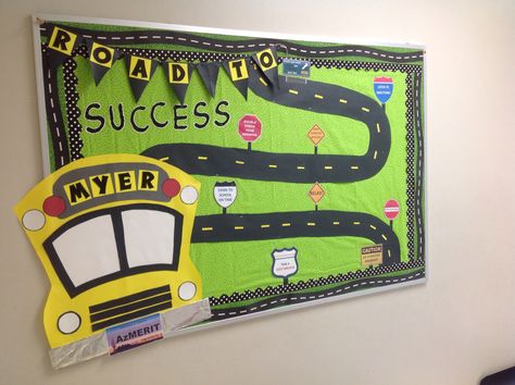 Bulletin board for state achievement test. I created a state license plate with the test name on it (AzMERIT), road signs have test taking strategies, and school bus also includes our school name on it. I am going to add cars with kids names on them as well. Road Trip Theme, Energy Bus, Classroom Boards, Preschool Bulletin, Road To Success, Preschool Bulletin Boards, Back To School Bulletin Boards, Transportation Theme, Bulletin Board Ideas