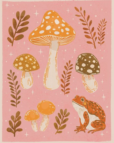 I’ve been preparing for a craft show this week but I will have some new and exciting prints and paintings to share next weekend! Fall Mushroom Painting, Mushroom Folk Art, Psychadelic Art Patterns, Easy Mushroom Painting, Fall Illustration Art, Bts Stationary, Folk Aesthetic, Autumn Illustrations, Mushroom Illustration