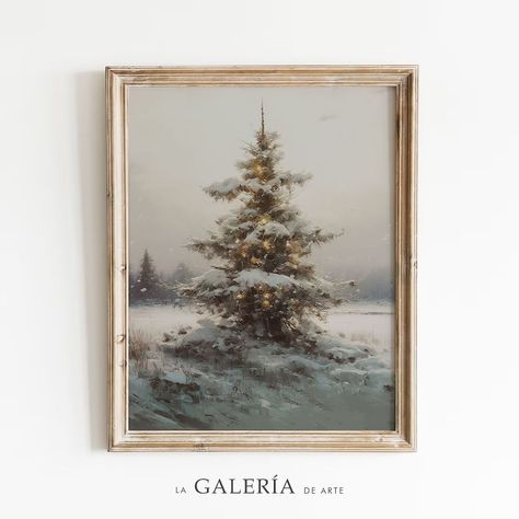 Vintage Christmas Tree Pictures, Vintage Christmas Painting Ideas, Vintage Christmas Paintings, Seasonal Paintings, Vintage Winter Art, Vintage Christmas Prints, Pilgrim House, Ranch Christmas, Winter Paintings