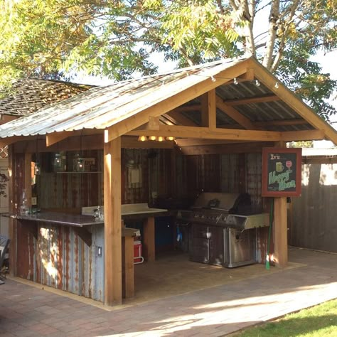 Backyard Kitchen Ideas, Bbq Shed, Camping Backyard, Bbq Hut, Rustic Outdoor Kitchens, Grill Outdoor, Outdoor Grill Station, Outdoor Cooking Area, Grill Gazebo