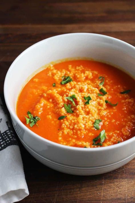 This red pepper carrot soup gets a ton of flavor from harissa, and is extra satisfying on a chilly fall evening with the amazing addition of a couscous swirl. Soup With Couscous, Simple Couscous Recipes, Clean Eating Vegetarian Recipes, Clean Eating Vegetarian, Meals To Make, Fall Evening, Couscous Recipes, Best Soup Recipes, Carrot Soup