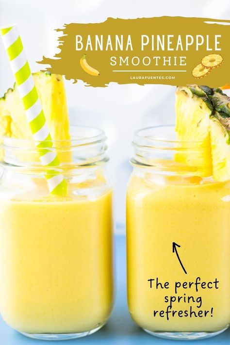 A glass jar filled with pineapple banana smoothie with a pineapple slice and stripped straws Banana Pineapple Smoothie, Pineapple Banana Smoothie, Pineapple Smoothie Recipes, Pineapple Benefits, Banana Drinks, Banana Smoothie Recipe, Balanced Breakfast, Smoothies For Kids, A Healthy Breakfast